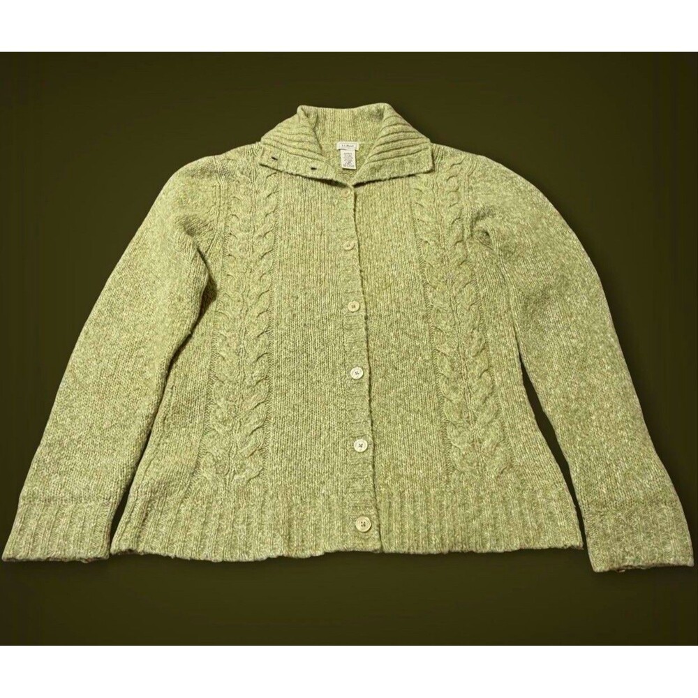 LL Bean Wool Blend Cardigan Sweater Green Cable Knit Shawl Collar Womenโs Large